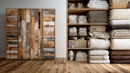 A stylish wooden storage cabinet paired with neatly organized shelves showcases a cozy interior aesthetic. Perfect for enhancing home decor.の素材