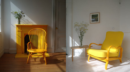 This image showcases a bright yellow chair in a minimalist interior, emphasizing light, comfort, and modern design elements, perfect for inspiring home decor ideas.の素材