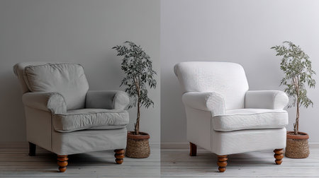 A cozy armchair with soft upholstery, complemented by a green plant, creates a soothing and minimalist atmosphere ideal for relaxation in any living space.の素材