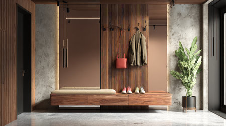 This image showcases a stylish and modern hallway featuring wooden elements, a sleek coat rack, and vibrant decor, creating a welcoming and organized space.の素材