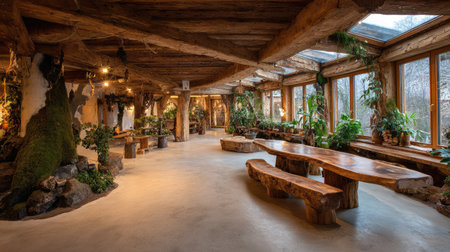 Explore a beautifully crafted rustic interior filled with natural elements, wooden decor, and lush greenery, perfect for relaxation and gatherings.の素材