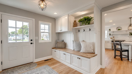 This stylish entryway showcases a cozy seating area with natural light, decorative pillows, and greenery, creating a warm and inviting atmosphere for any home.の素材