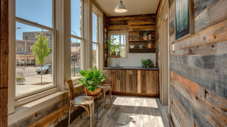 This inviting corner features warm wooden accents, natural light, and vibrant indoor plants, creating a cozy and stylish atmosphere, perfect for relaxation or work.の素材