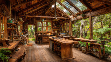 A rustic workshop featuring wooden furniture and natural light, surrounded by greenery. This serene and inviting space showcases artisanal craftsmanship and creativity.の素材