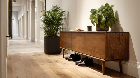 Elegant modern hallway featuring a wooden cabinet, decorative plant, and neatly placed shoes. Ideal for showcasing stylish home interiors and decor.の素材