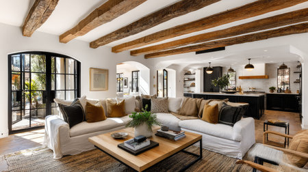 Discover a cozy and elegant living room featuring rustic beams and stylish decor. The inviting space blends comfort with modern design elements, creating a warm atmosphere.の素材