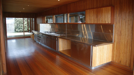 A sleek modern kitchen featuring wooden accents and stainless steel fixtures. The open layout promotes a bright, airy atmosphere with clean lines and minimalist design.の素材