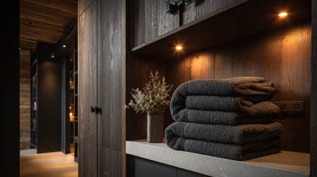 A stylish modern bathroom showcasing neatly stacked towels on a shelf. The warm ambience, wooden textures, and soft lighting create a serene and inviting atmosphere.の素材
