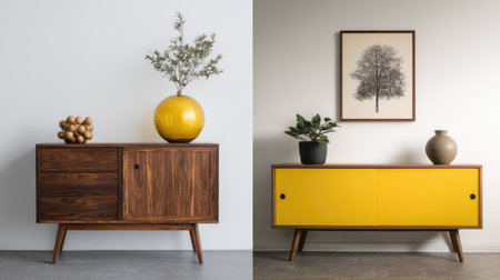 This image showcases a modern furniture display featuring stylish cabinets, decorative plants, and artwork, highlighting contemporary interior design elements for home decor inspiration.の素材