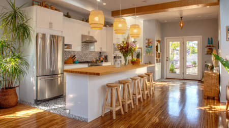 A modern kitchen featuring a wooden countertop, stylish decor, and bright natural light, creating a warm and inviting atmosphere for gathering and cooking.の素材