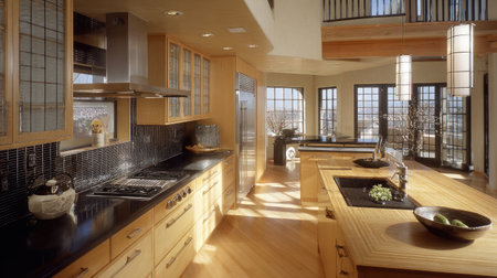 Bright and elegant modern kitchen features natural light, wood finishes, and sleek appliances. Perfect for cooking, entertaining, and enjoying a stylish atmosphere.の素材