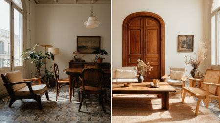 Bright and inviting vintage interior featuring elegant furniture and natural decor. Perfect for inspiring home design and cozy living spaces.の素材