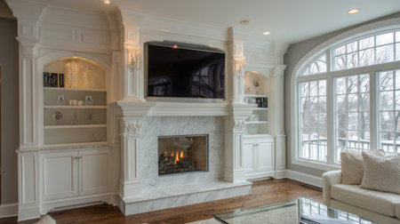 Stylish and inviting living room featuring a sophisticated fireplace, large windows, and elegant decor that creates a bright, cozy atmosphere for relaxation.の素材