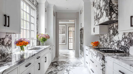 This elegant modern kitchen showcases stunning marble countertops paired with bright flower arrangements, creating a warm and inviting atmosphere for any culinary enthusiast.の素材