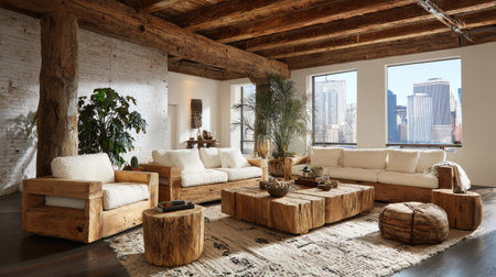 A beautifully designed cozy living room featuring rustic wooden furniture, plush cushions, and lush plants, complemented by stunning urban views through large windows.の素材