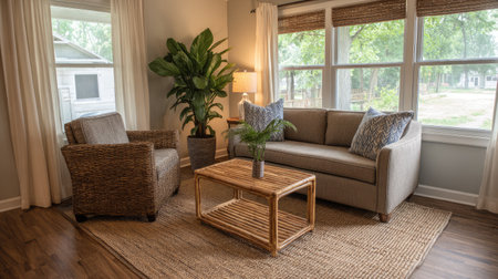 A cozy living room featuring modern furniture and decor. Natural light pours in through large windows, enhancing the inviting atmosphere. Perfect for relaxation.の素材