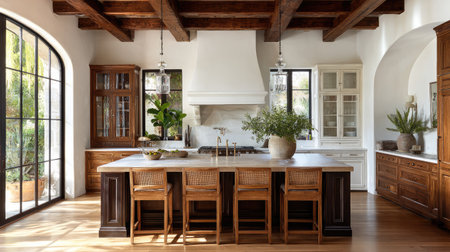 Bright and spacious kitchen featuring rustic wood beams and contemporary design elements. Ideal for showcasing warmth and inviting atmosphere in home interiors.の素材