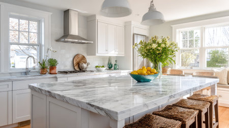 A modern kitchen featuring a beautiful marble countertop, fresh flower arrangement, and ample natural light, creating a warm and inviting atmosphere.の素材