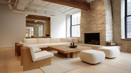 A bright and airy modern minimalist living room featuring a stone fireplace, natural light, and elegant wooden furniture. Ideal for cozy gatherings.の素材