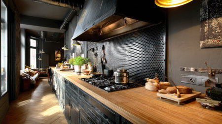A beautifully designed modern kitchen featuring stainless steel accents and natural light. The warm wood countertop enhances the inviting atmosphere, perfect for cooking.の素材
