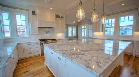 Explore this stunning modern kitchen featuring a large marble countertop, elegant lighting fixtures, and an inviting atmosphere ideal for culinary creativity.の素材