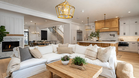 Explore this cozy living room featuring modern decor, a stylish wooden table, and an inviting atmosphere perfect for family gatherings and relaxation.の素材