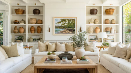 This cozy living room features white furniture and rustic decor elements, including pottery and plants. It offers a serene and inviting atmosphere for relaxation and style.の素材