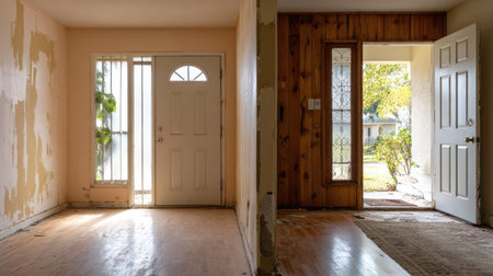 A captivating interior view of an abandoned house featuring two entryways. The contrasting walls and neglected decor evoke a sense of nostalgia and opportunity for renovation.の素材