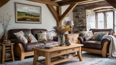 This inviting living room features rustic furniture, leather sofas, and charming artwork, creating a cozy atmosphere perfect for relaxation and family gatherings.の素材