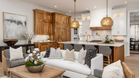 A beautifully designed modern kitchen and living space featuring elegant wooden accents, stylish furniture, and inviting decor, creating a warm atmosphere.の素材