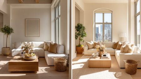 Bright and inviting living room featuring modern decor, natural lighting, and an urban skyline view. Cozy seating, stylish accents, and greenery enhance comfort.の素材