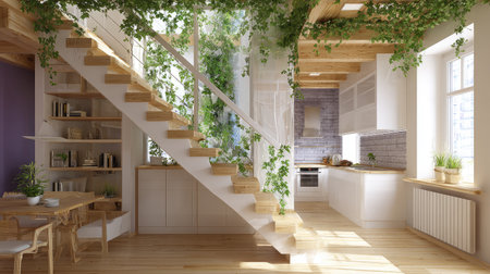 A beautiful modern home interior showcasing a wooden staircase adorned with lush greenery, featuring a stylish kitchen and bright living space filled with natural light.の素材