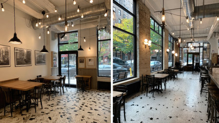 An inviting urban cafe interior with stylish lighting and modern decor. The cozy space features wooden tables, black chairs, and large windows showcasing city views.の素材