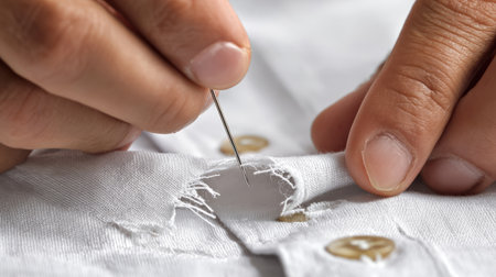 A detailed close-up image of a hand sewing a button onto a white shirt fabric patch with a needle and thread, showcasing the precision and artistry of garment repair.の素材