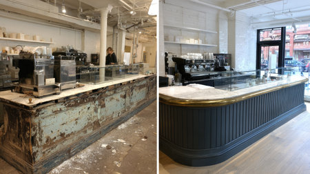 This image showcases the transformation of a vintage coffee bar into a modern cafの素材