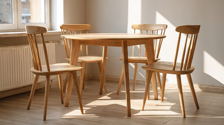 A modern wooden dining table set featuring four stylish chairs in a bright room. The sunlight highlights the natural grain, creating a cozy atmosphere.の素材