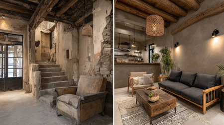 Explore a rustic interior featuring a cozy living room and an inviting staircase. Unique design blends natural materials with warm tones for a charming atmosphere.の素材