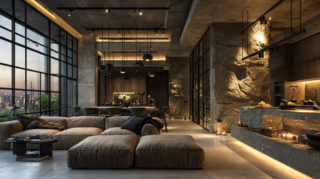 This modern industrial living room features a cozy sofa, beautiful city views, and stylish decor. The space combines textures and warm lighting for an inviting atmosphere.の素材