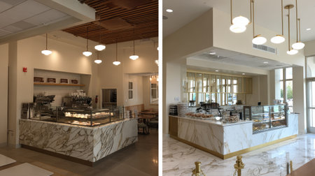 A chic bakery interior featuring marble countertops, stylish lighting, and an inviting ambiance. Perfect for showcasing desserts and baked goods in a modern space.の素材