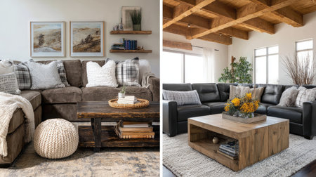 Explore two inviting living room designs featuring plush sofas, rustic wood accents, and natural decor elements for a warm and comfortable atmosphere.の素材