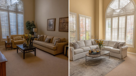 A beautifully designed living room featuring large windows that allow natural light to flood the space. The cozy seating arrangement and stylish decor create an inviting atmosphere perfect for relaxing or entertaining.の素材