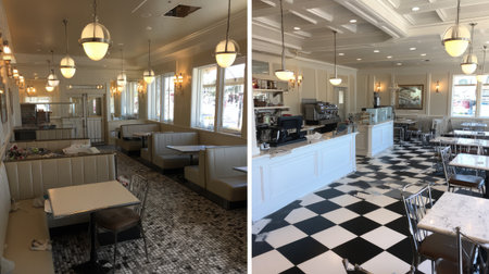 Charming modern diner interior featuring cozy booths and a polished counter area, perfect for social gatherings and casual dining experiences.の素材