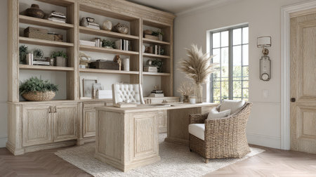 A serene home office showcasing a blend of modern design and natural touches. The space features a stylish desk, comfortable chair, and elegant shelving, perfect for productivity and relaxation.の素材