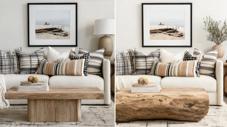 This cozy living room features a stylish couch adorned with textured pillows and a rustic wooden coffee table, creating an inviting atmosphere perfect for relaxation.の素材