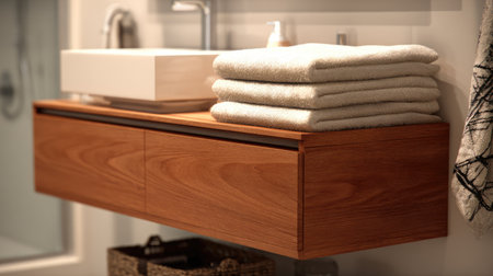 A stunning wooden vanity showcases neatly stacked towels, enhancing a modern bathroom ambiance. Perfect for home decor and interior design inspiration.の素材