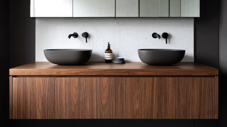 Discover a stunning modern bathroom featuring sleek black sinks atop a rich wooden countertop. This minimalist design highlights elegance and simplicity, perfect for any contemporary home.の素材