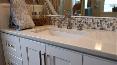 Bright and elegant bathroom sink showcasing polished fixtures and beautiful tile. Ideal for home renovation or interior design projects emphasizing cleanliness and style.の素材
