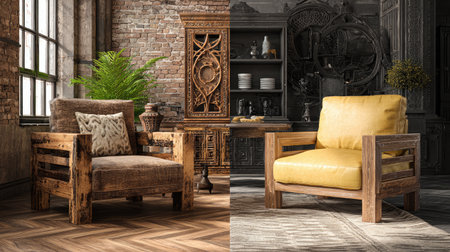 Explore the charm of rustic wooden chairs set in a stylish vintage interior. This inviting space blends natural elements with contemporary aesthetics for a warm atmosphere.の素材