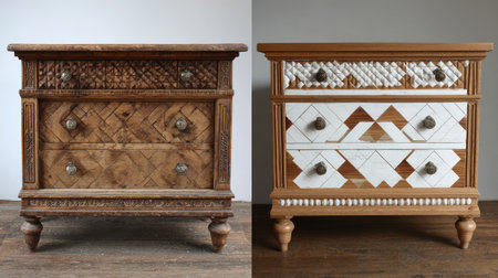 Discover a stylish comparison of vintage and modern nightstands showcasing unique designs, textures, and craftsmanship perfect for any bedroom interior.の素材