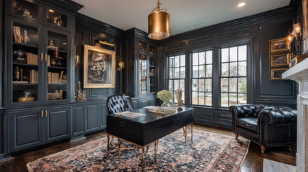 A sophisticated home office featuring dark wood furnishings, a plush sofa, and elegant decor. The space radiates warmth and creativity, perfect for productivity.の素材